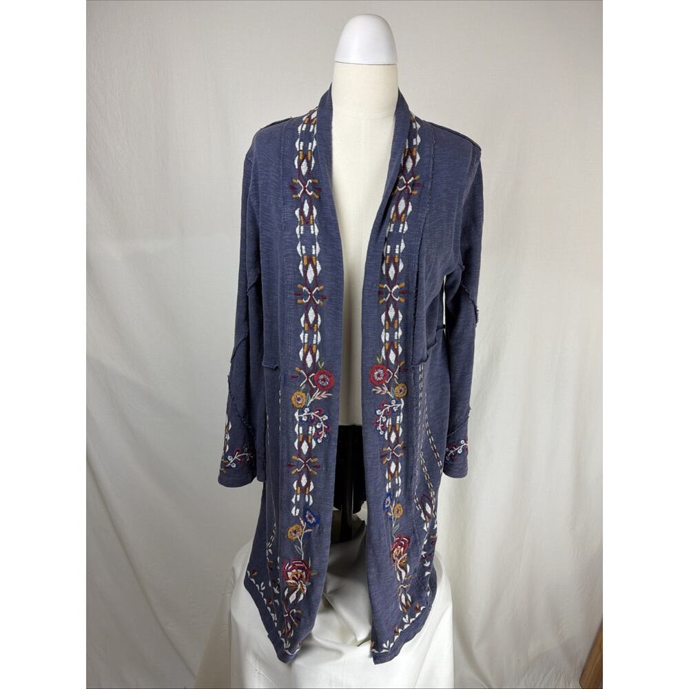 NWT Caite "Isla" Blue Embroidered Floral Open Long Cardigan Sweater XL #0720